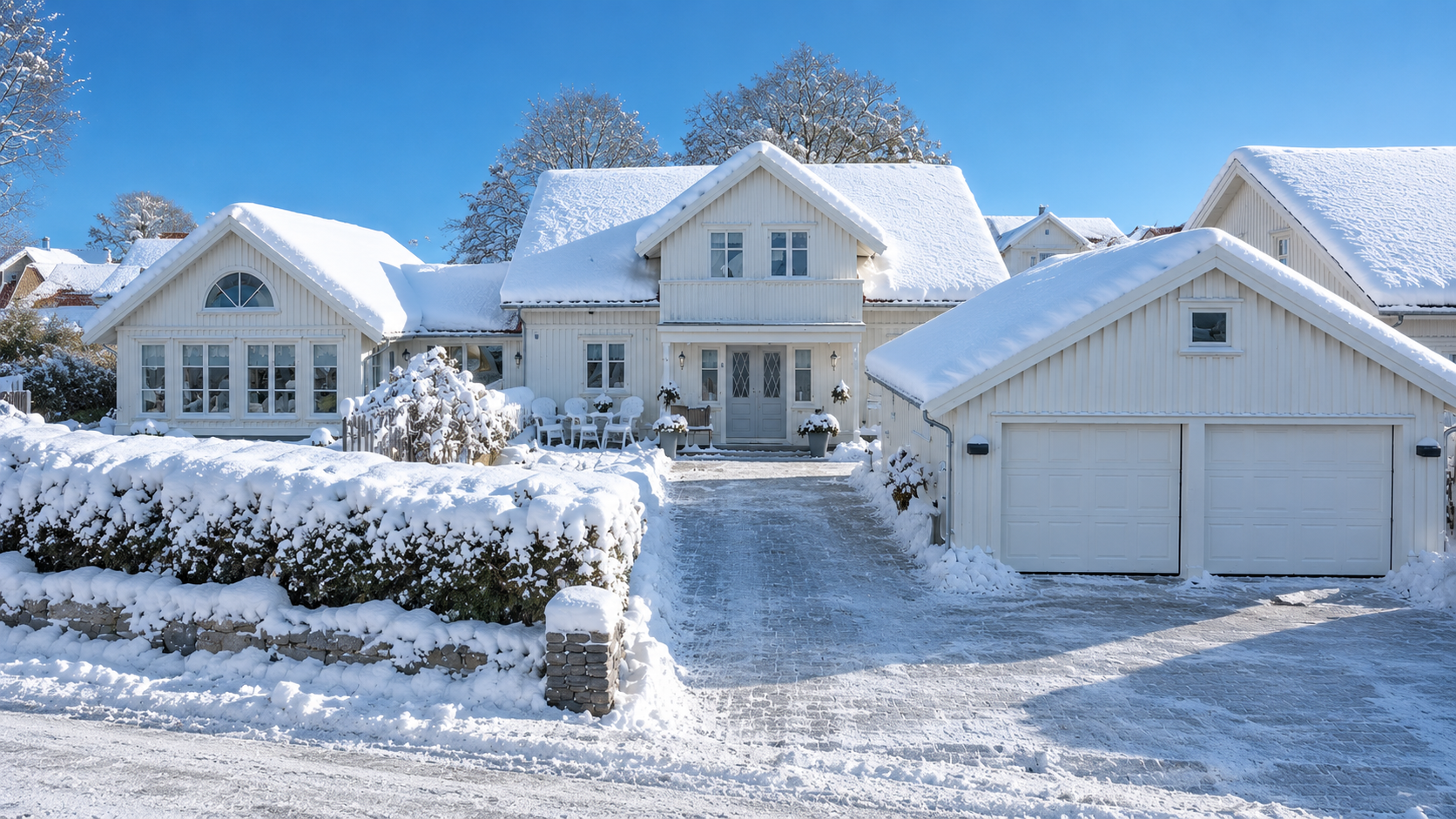 Snöskottning för hand vid en bostad